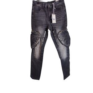 Mnml Zipper Inseam Cargo Denim Jeans Washed Black M2023-D878-WBK-30 Mens 30